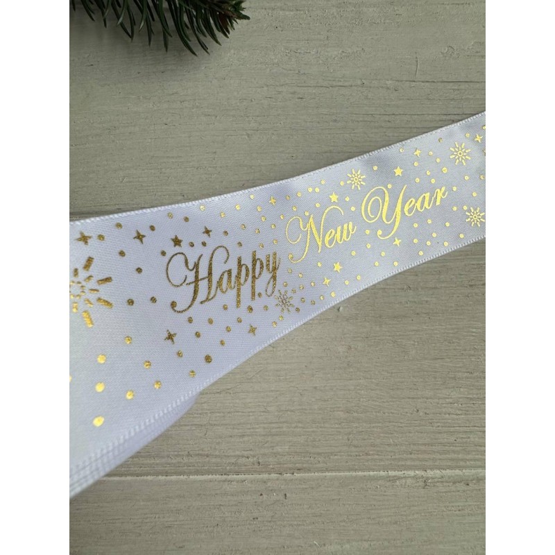 Атлас " Happy new year и снег "  4 см белый       рулон 22.5 метра