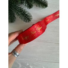 Атлас "Happy new year и снег  "  2,5 см красный       рулон 22.5 метра