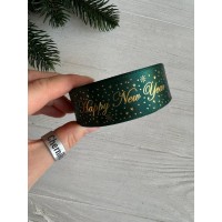 Атлас "Happy new year и снег  "  2,5 см  темно зеленый       рулон 22.5 метра