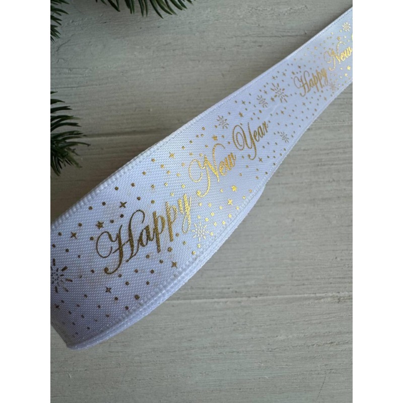 Атлас "Happy new year и снег  "  2,5 см  белый       рулон 22.5 метра
