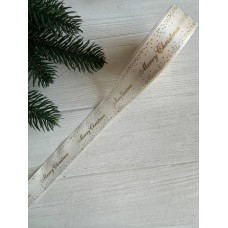 Атлас " Merry Christmas  со звездами  "  2,5 см  бежевый       рулон 22.5 метра