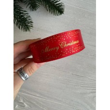 Атлас " Merry Christmas  со звездами  "  2,5 см красный       рулон 22.5 метра