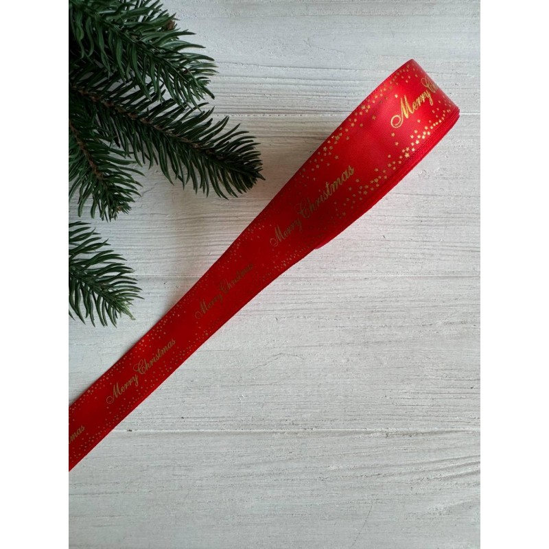 Атлас " Merry Christmas  со звездами  "  2,5 см красный       рулон 22.5 метра