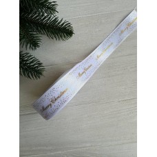 Атлас " Merry Christmas  со звездами  "  2,5 см  белый       рулон 22.5 метра