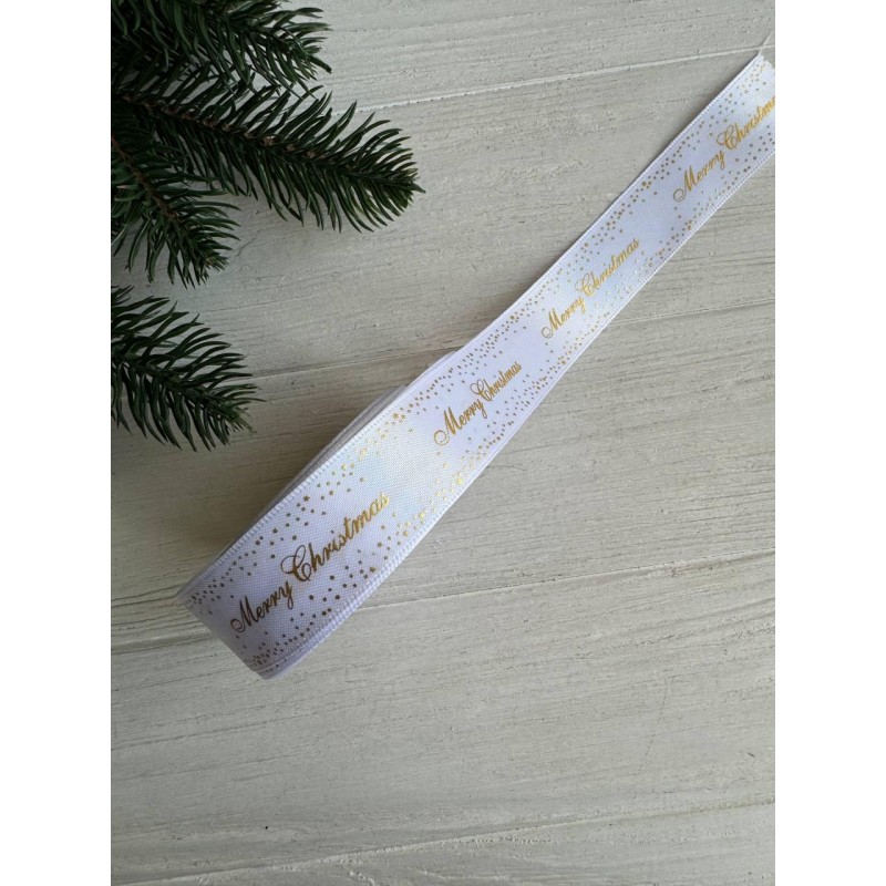 Атлас " Merry Christmas  со звездами  "  2,5 см  белый       рулон 22.5 метра