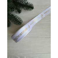 Атлас " Merry Christmas та падуб    "  2,5 см білий    рулон 22.5 метри
