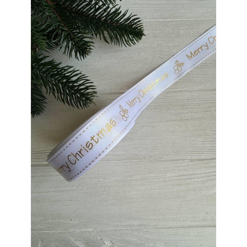 Атлас " Merry Christmas  и падуб   "  2,5 см  белый       рулон 22.5 метра
