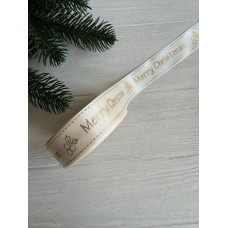 Атлас " Merry Christmas  и падуб   "  2,5 см  бежевый       рулон 22.5 метра