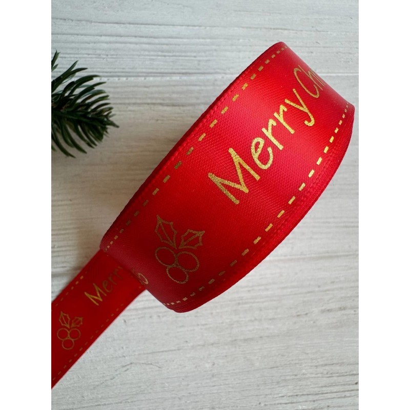 Атлас " Merry Christmas  и падуб   "  2,5 см  красный       рулон 22.5 метра