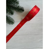 Атлас " Merry Christmas  и падуб   "  2,5 см  красный       рулон 22.5 метра