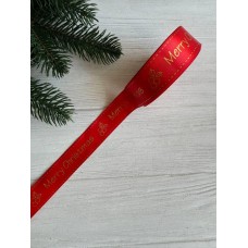 Атлас " Merry Christmas  и падуб   "  2,5 см  красный       рулон 22.5 метра
