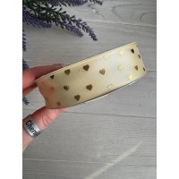 Атлас " Золоті сердечки "  2,5 см бежевий    29 метрів
