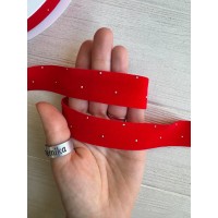 Стрічка оксамитова 2.5 см зі стразами, червона  45 метрів