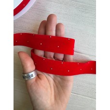 Стрічка оксамитова 2.5 см зі стразами, червона  45 метрів