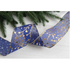 Стрічка новорічна 6,3 см " Гілочки ",  синя 14 метрів