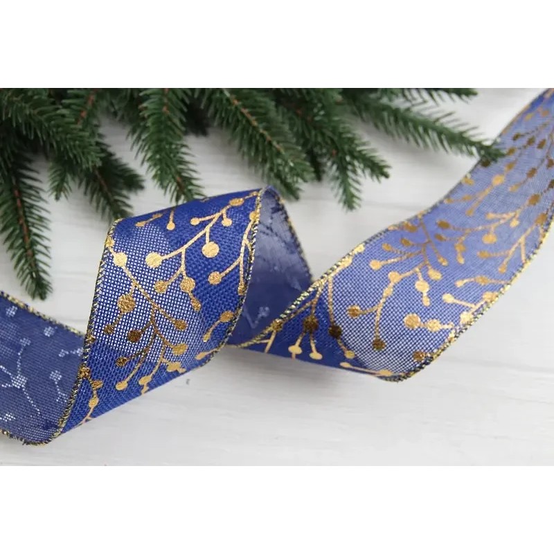 Стрічка новорічна 6,3 см " Гілочки ",  синя 14 метрів