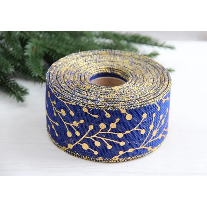 Стрічка новорічна 6,3 см " Гілочки ",  синя 14 метрів