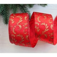 Лента  новогодняя 6,3 см  " Завитки на атласе № 5  "  , золото на красном   21 метр