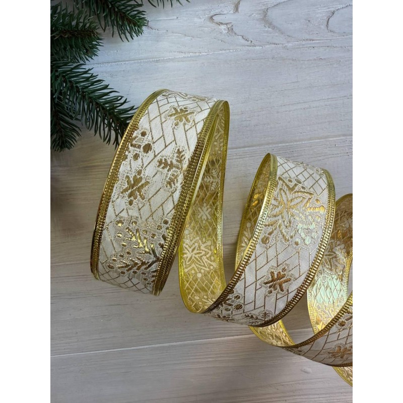 Стрічка парча " Сніжинки 3,8 см " золото 35 метрів