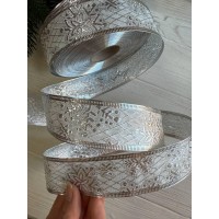 Стрічка парча " Сніжинки 3,8 см " срібло 42 метри