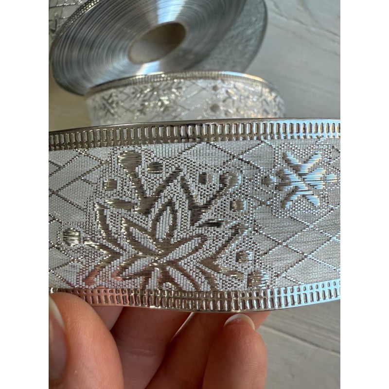 Стрічка парча " Сніжинки 3,8 см " срібло 42 метри