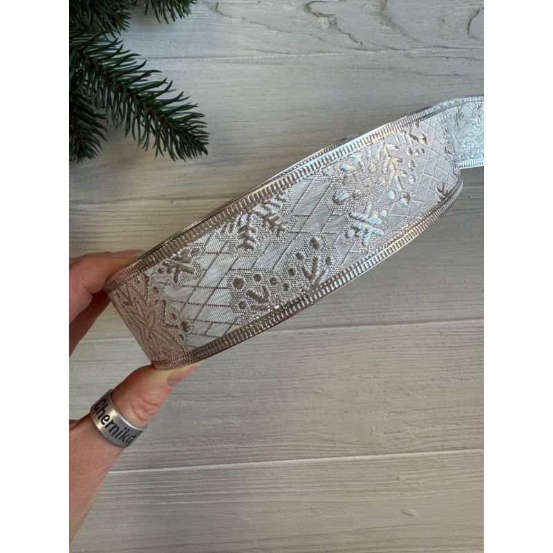 Стрічка парча " Сніжинки 3,8 см " срібло 42 метри