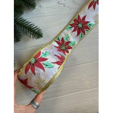 Стрічка новорічна 6,3 см "Пуансетія на атласі ", біла 12 метрів