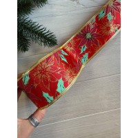 Стрічка новорічна 6,3 см "Пуансетія на атласі ", червона 10 метрів