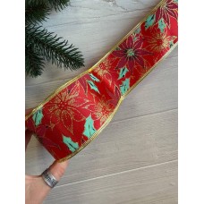 Стрічка новорічна 6,3 см "Пуансетія на атласі ", червона 10 метрів