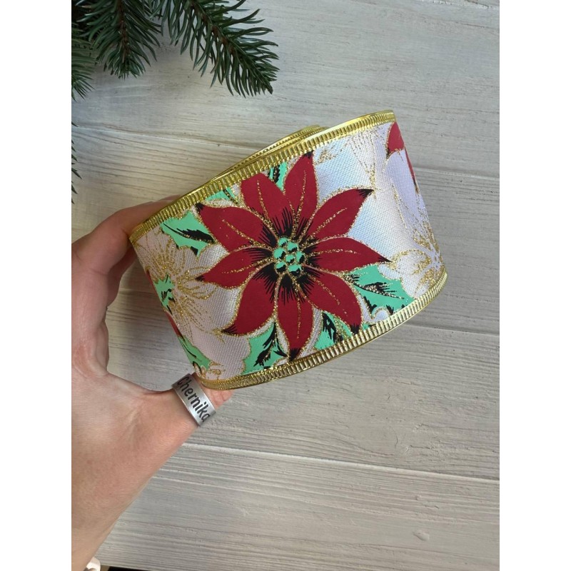 Стрічка новорічна 6,3 см "Пуансетія на атласі ", біла 12 метрів