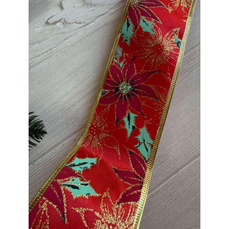 Стрічка новорічна 6,3 см "Пуансетія на атласі ", червона 10 метрів