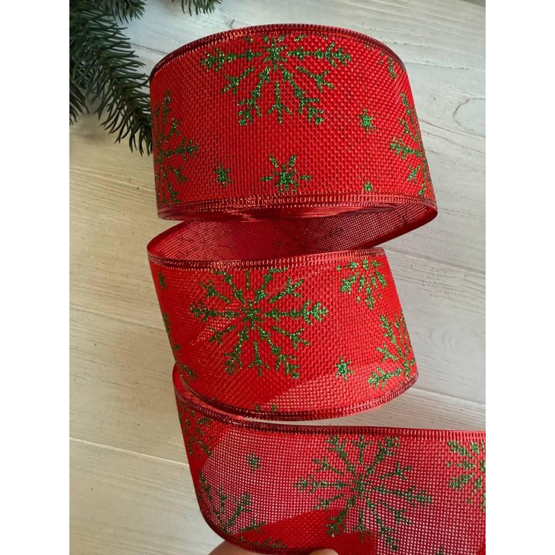 Стрічка новорічна 6,3 см "Сніжинки зелені на мішковині" , червона 19 метрів