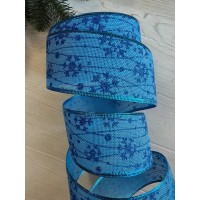 Стрічка декор НГ "Сніжинки на мішковині " голуба , 17 метрів