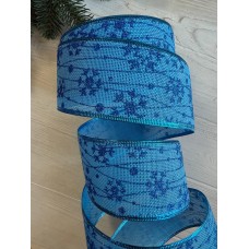 Стрічка декор НГ "Сніжинки на мішковині " голуба , 17 метрів