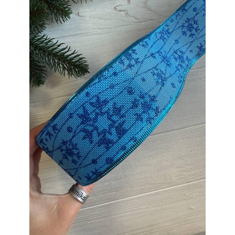 Стрічка декор НГ "Сніжинки на мішковині " голуба , 17 метрів