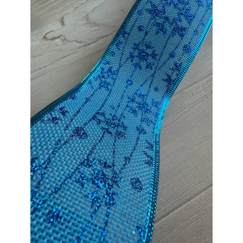 Стрічка декор НГ "Сніжинки на мішковині " голуба , 17 метрів