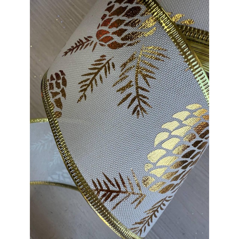 Стрічка НГ " Золоті кедрові шишки на білому " 6,3 см , 15 метрів