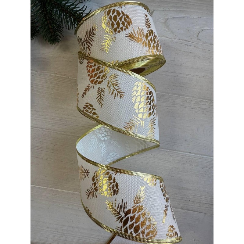 Стрічка НГ " Золоті кедрові шишки на білому " 6,3 см , 15 метрів