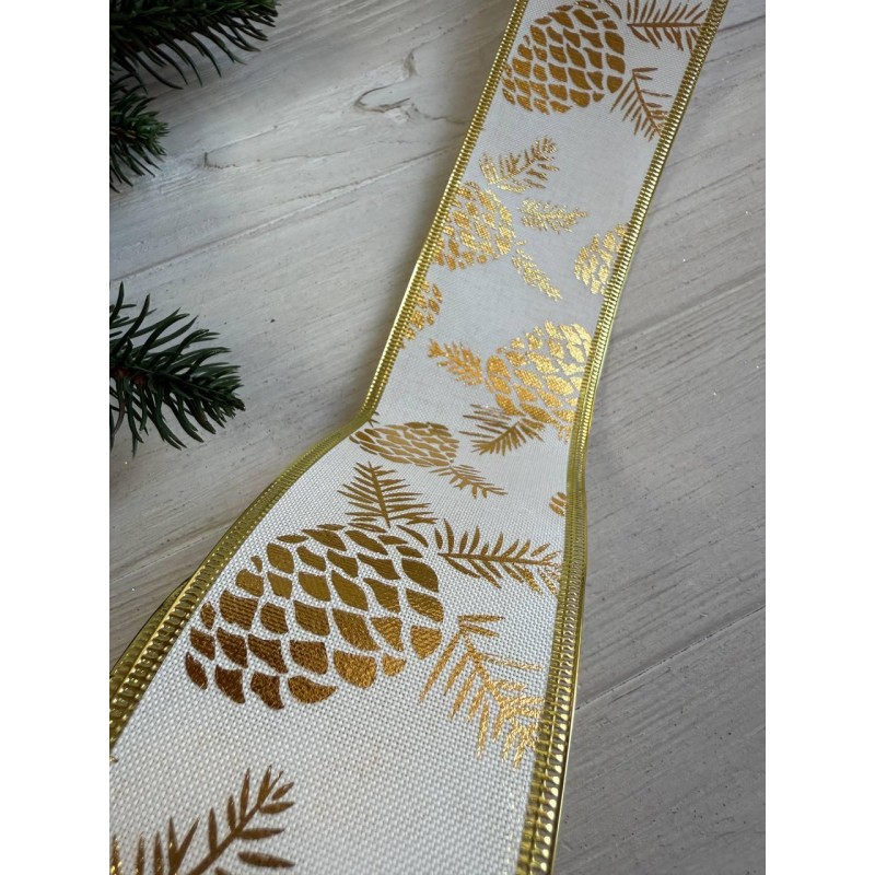 Стрічка НГ " Золоті кедрові шишки на білому " 6,3 см , 15 метрів