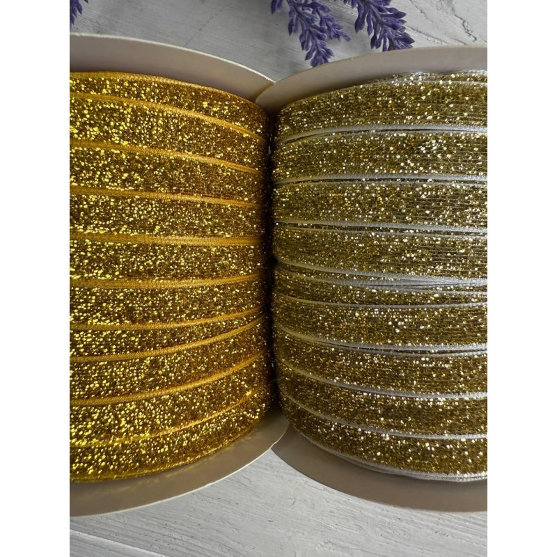 Оксамитова стрічка з люрекосм "1,0 см" яскраво золота рулон 45 метрів