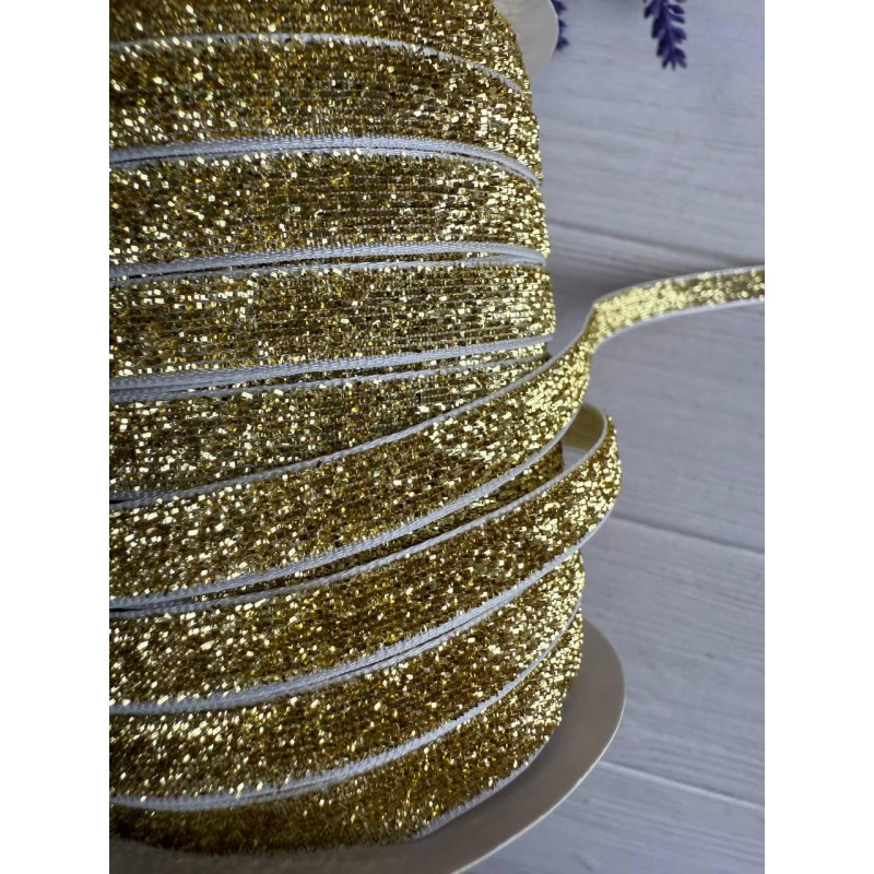 Стрічка оксамитова з люрексом  "1,0 см" світле золото рулон 45 метрів