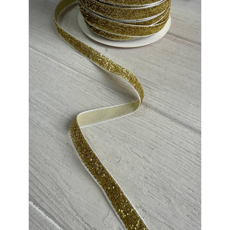 Стрічка оксамитова з люрексом  "1,0 см" світле золото рулон 45 метрів