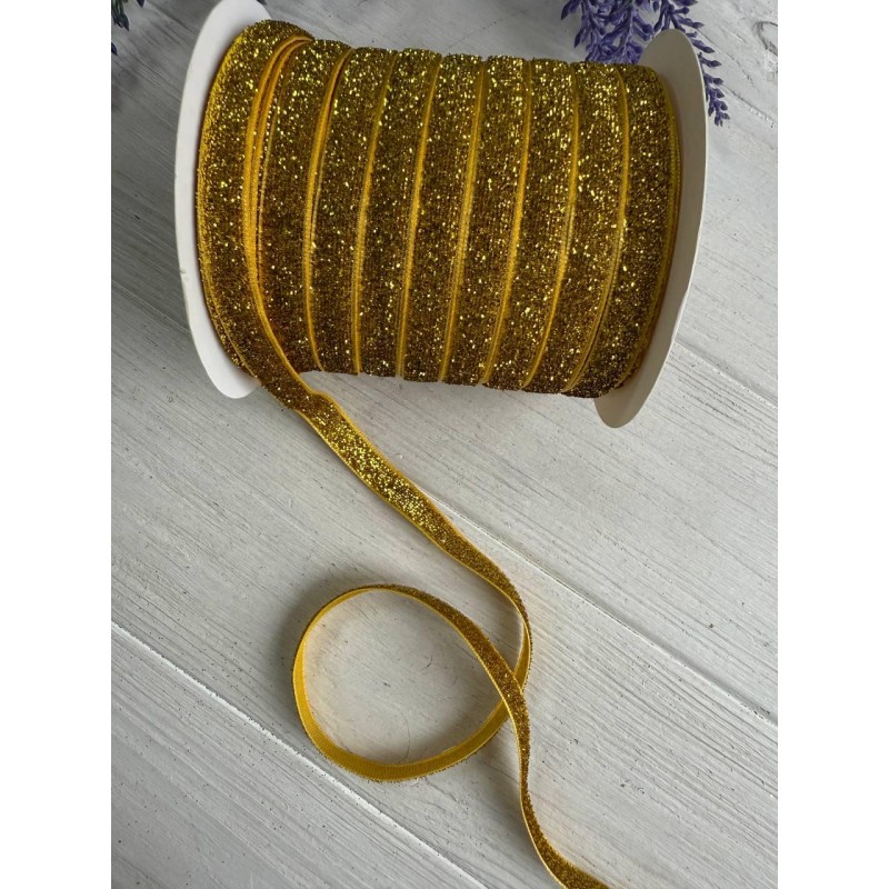 Оксамитова стрічка з люрекосм "1,0 см" яскраво золота рулон 45 метрів