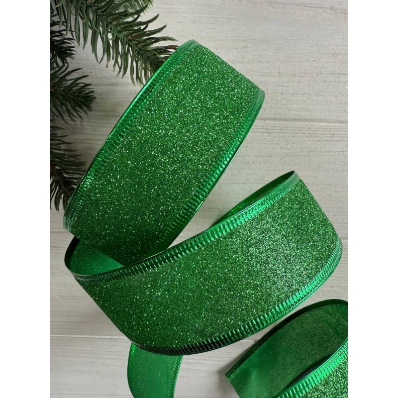 Стрічка блискуча новорічна 3,8" Метал ",  зелена 19  метрів