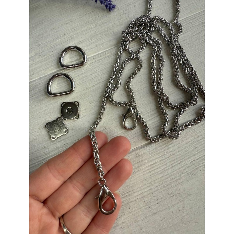 Комплект фурнітури ланцюжок+карабіни+напівкільця+магніт  № 31, срібло