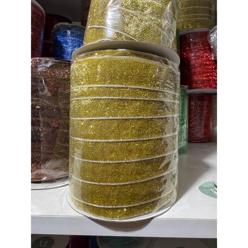 Стрічка оксамитова люрексова " 2.5 см ", світле золото  45 метрів