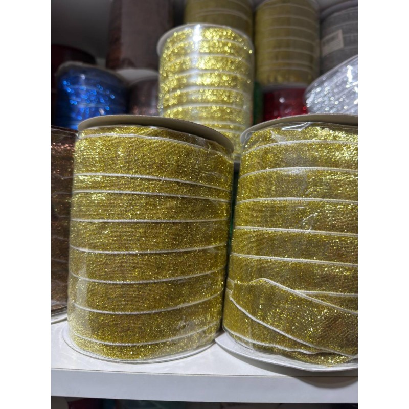 Стрічка оксамитова люрексова " 2.5 см ", світле золото  45 метрів