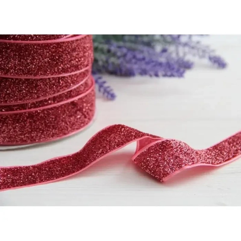 Стрічка оксамитова люрексова "2.5 см", рожева 11 метрів