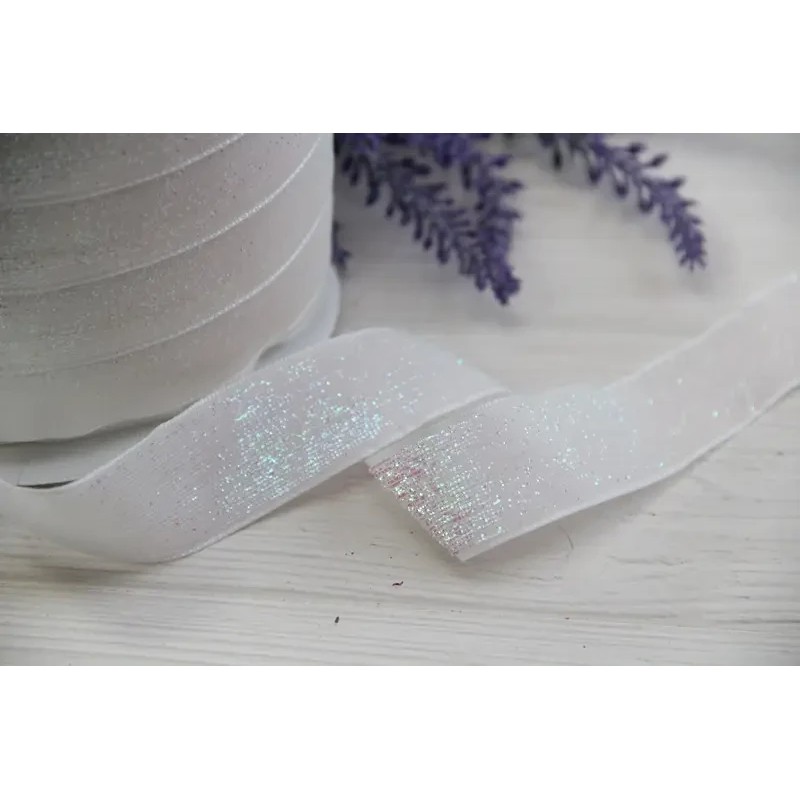 Стрічка оксамитова люрексова "2.5 см", біла голограма 8 метрів