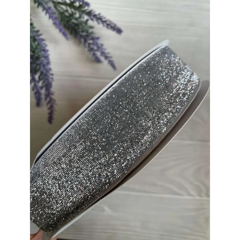 Стрічка оксамитова люрексова " 4 см", срібло 6 метрів